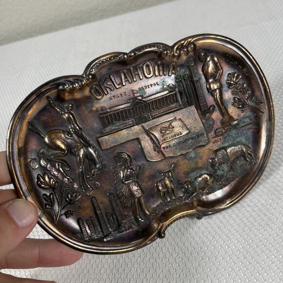 Vintage OKLAHOMA Copper Finished Trinket Tray Embossed Designs Made In Japan - Picture 2 of 9